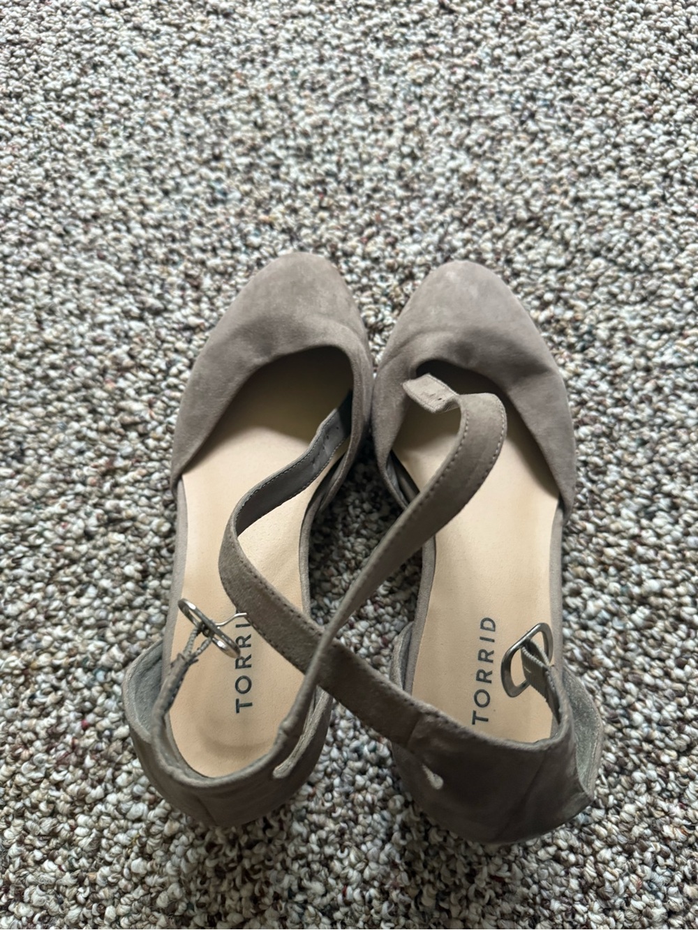 torrid taupe suede ankle-strap mules